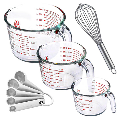 Le'raze Set of 3 Glass Measuring Cups with Measuring Spoons & Whisk - Kitchen Mixing Bowl Liquid Measure Cup, Glass Bakeware. 1 cup, 2 cup, 4 cup., Multi Size, Clear