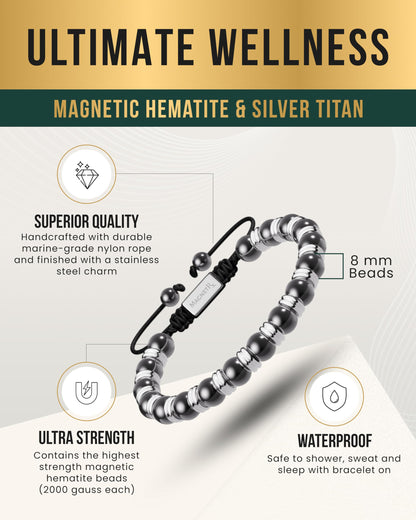 MagnetRX® Magnetic Hematite Bracelet - Max Strength Magnet Stones - Beaded Magnetic Bracelets for Men and Women (Silver Titan 8mm Bead)