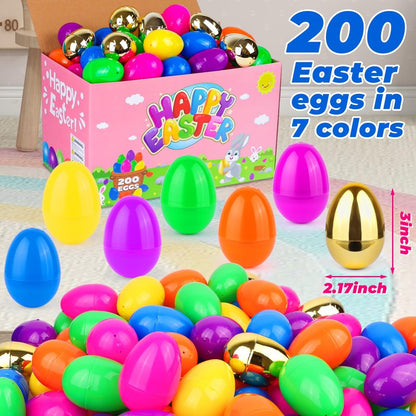 200 Pack 3 Inch Large Fillable Plastic Easter Eggs Bulk Include 6 Surprise Golden Eggs, Bright Color Empty Easter Eggs for Easter Hunts, Basket Stuffers Fillers, Easter Party Favors Classroom Prize
