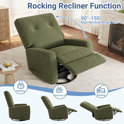 Garvee Nursery Recliner Chair, 360° Swivel Rocking Glider Chair for Adults with Adjustable Backrest & Footrest, Cozy Corduroy Upholstered Armchair for Living Rooms, Bedrooms, Apartments, Green
