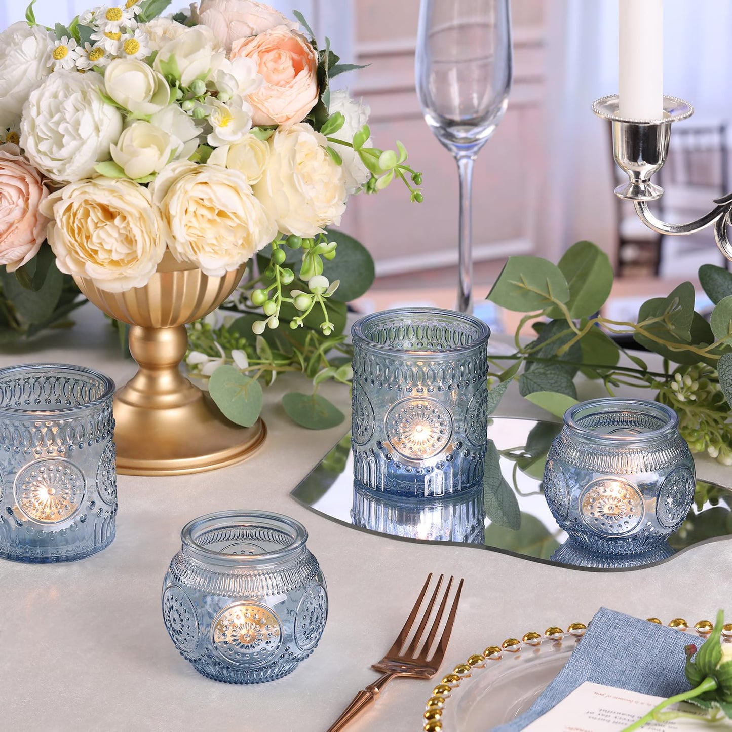 DARJEN Blue Votive Candle Holder Set of 20, Upgraded Size Tea Light Candle Holder Glass for Wedding Table Centerpieces, Elegant Bulk Votive Holders for Party, Proposals and Wedding Shower