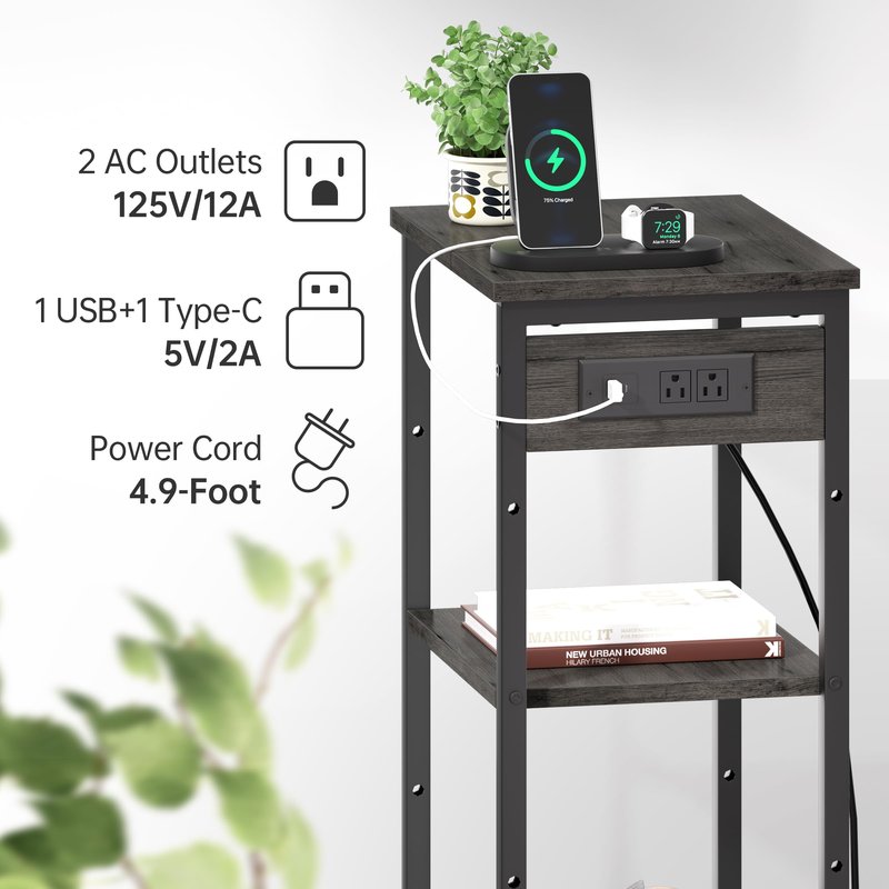 Asgolion Tall Nightstand with Charging Station, 3 Tier Narrow Tall End Table with Storage, Slim Side Table with USB Ports and Outlets for Bedroom, Living Room, Office, Black