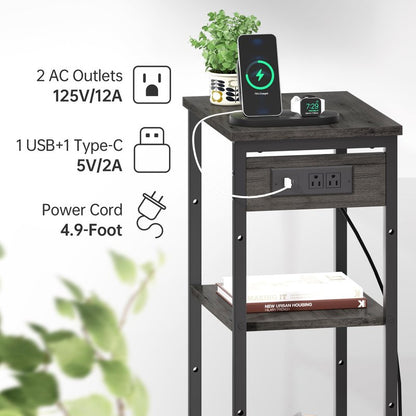 Asgolion Tall Nightstand with Charging Station, 3 Tier Narrow Tall End Table with Storage, Slim Side Table with USB Ports and Outlets for Bedroom, Living Room, Office, Black