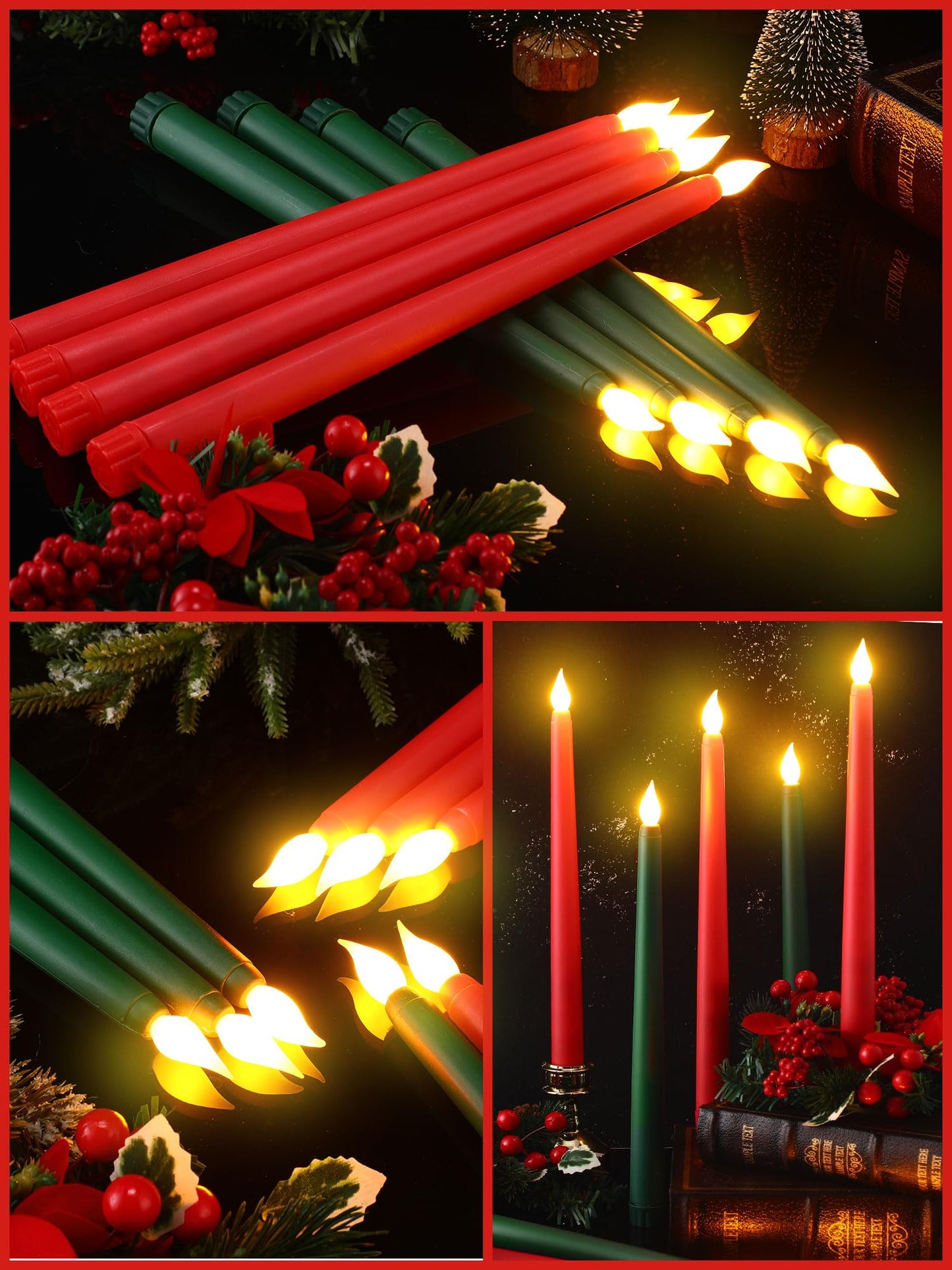 Funtery 48 Pcs Flameless LED Taper Candles Battery Operated Candles Bulk Realistic LED Candlesticks Flickering for Wedding Church Graduation Party Home Decor(Red, Green,Classic Style)