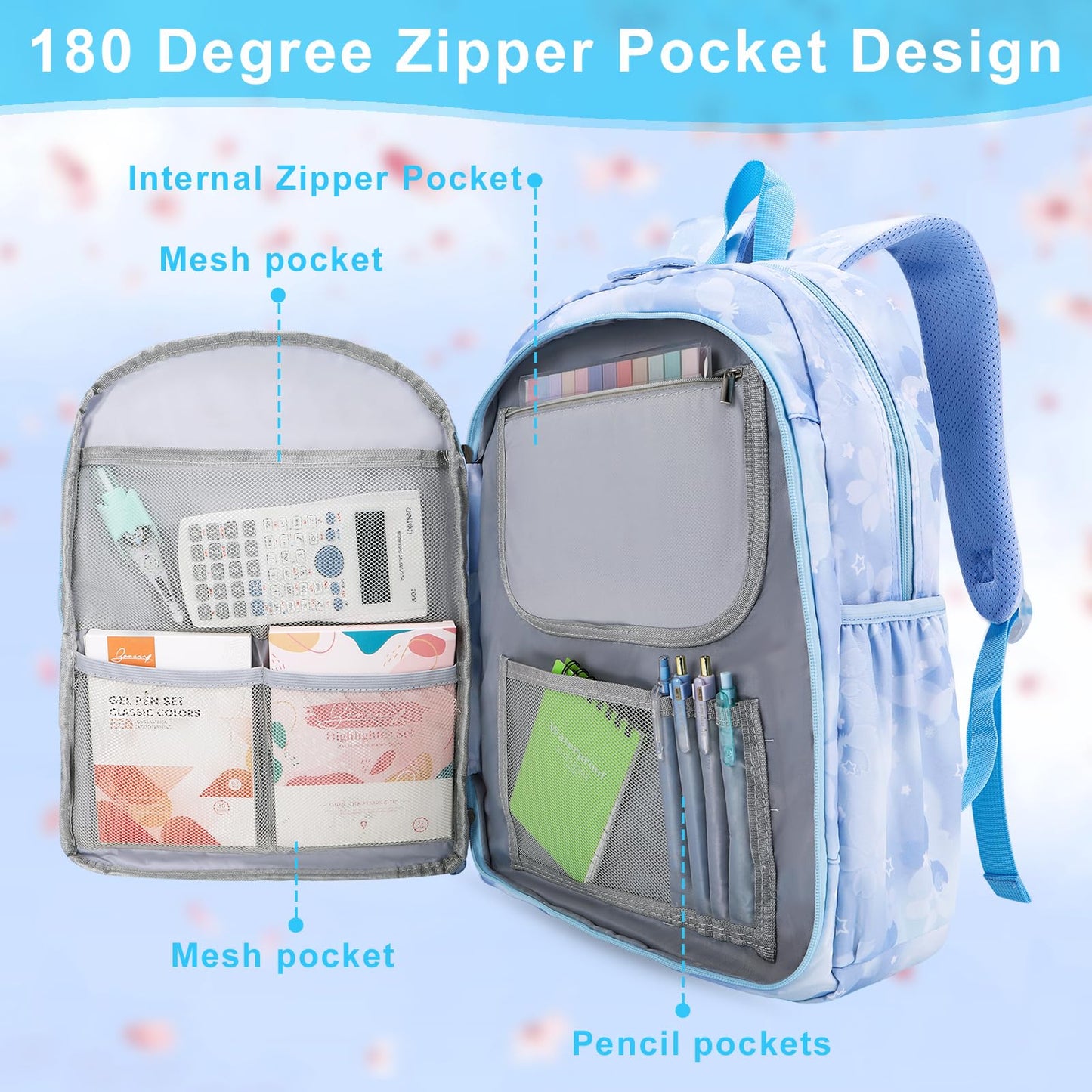 Youngsing Girls Backpack Set 3 IN 1,Cute Rainbow Kids Backpack with Insulated Lunch Box Pen Case Set Student School Bag(Pink-3 pieces set)