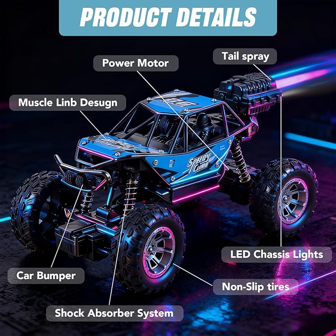 NXD RC Truck 1:18 Remote Control Car with Spray &amp Light 4WD All Terrain Off-Road Monster Truck Toys 2.4 GHz RC Cars for Kids Age 6 7 8 9 10 11 12 Gift for Boys Girls (Blue)
