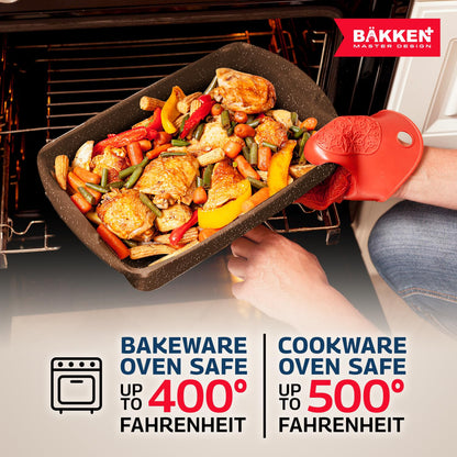 Bakken Master 38 Piece Granite Cookware and Bakeware Set – Nonstick Granite Coating, Pots and Pans with Detachable Handles and Tempered Glass Lids, 6-piece Bakeware set, 12-piece Mixing Bowls,Brown
