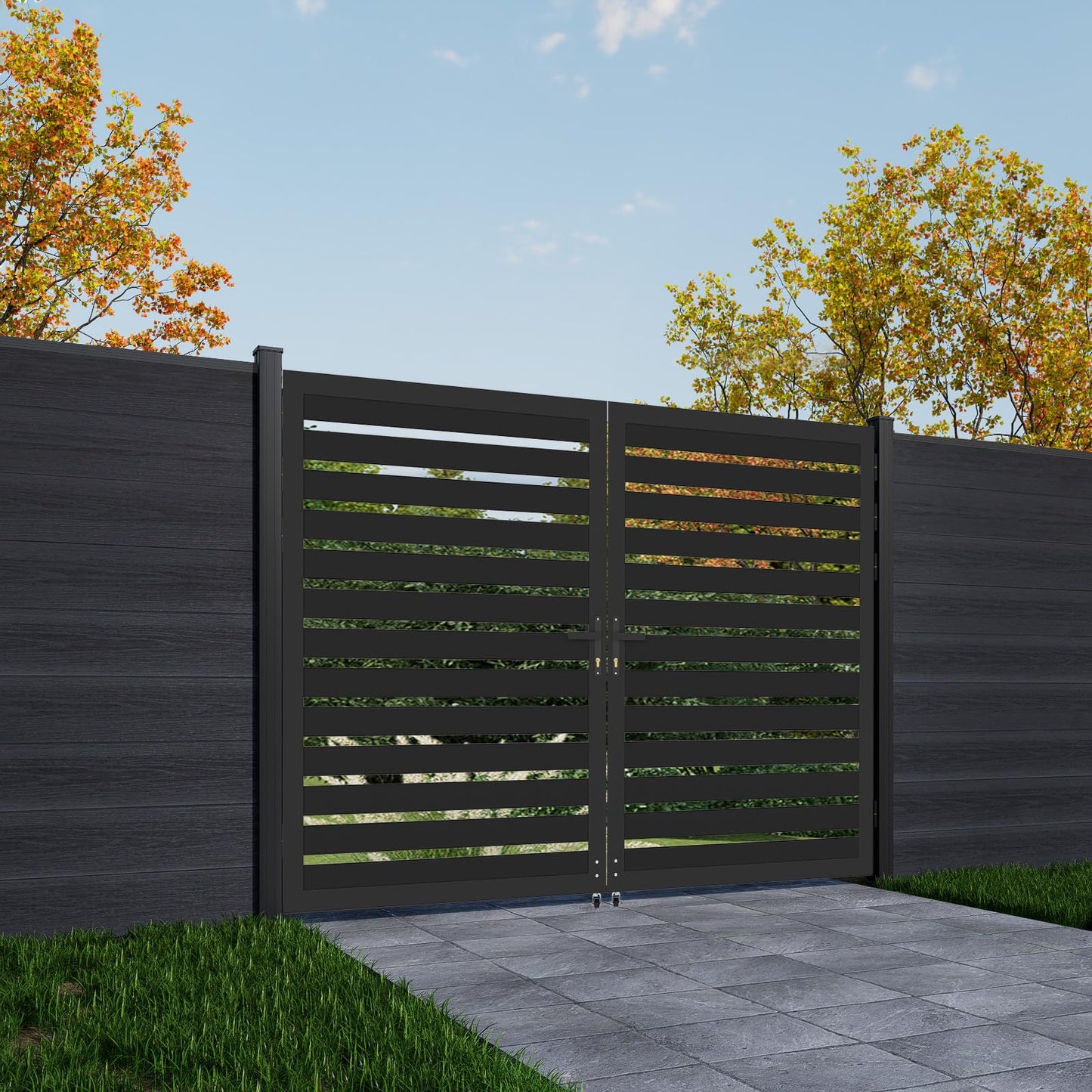 Mondaria Aluminum Double Fence Gate, 6FT H x 8FT W Outdoor Driveway Privacy Gate with Heavy Duty Metal Frame, Rustproof Powder-Coated Gate with Lockable Handle Kit, Horizontal Slat (Without Post)