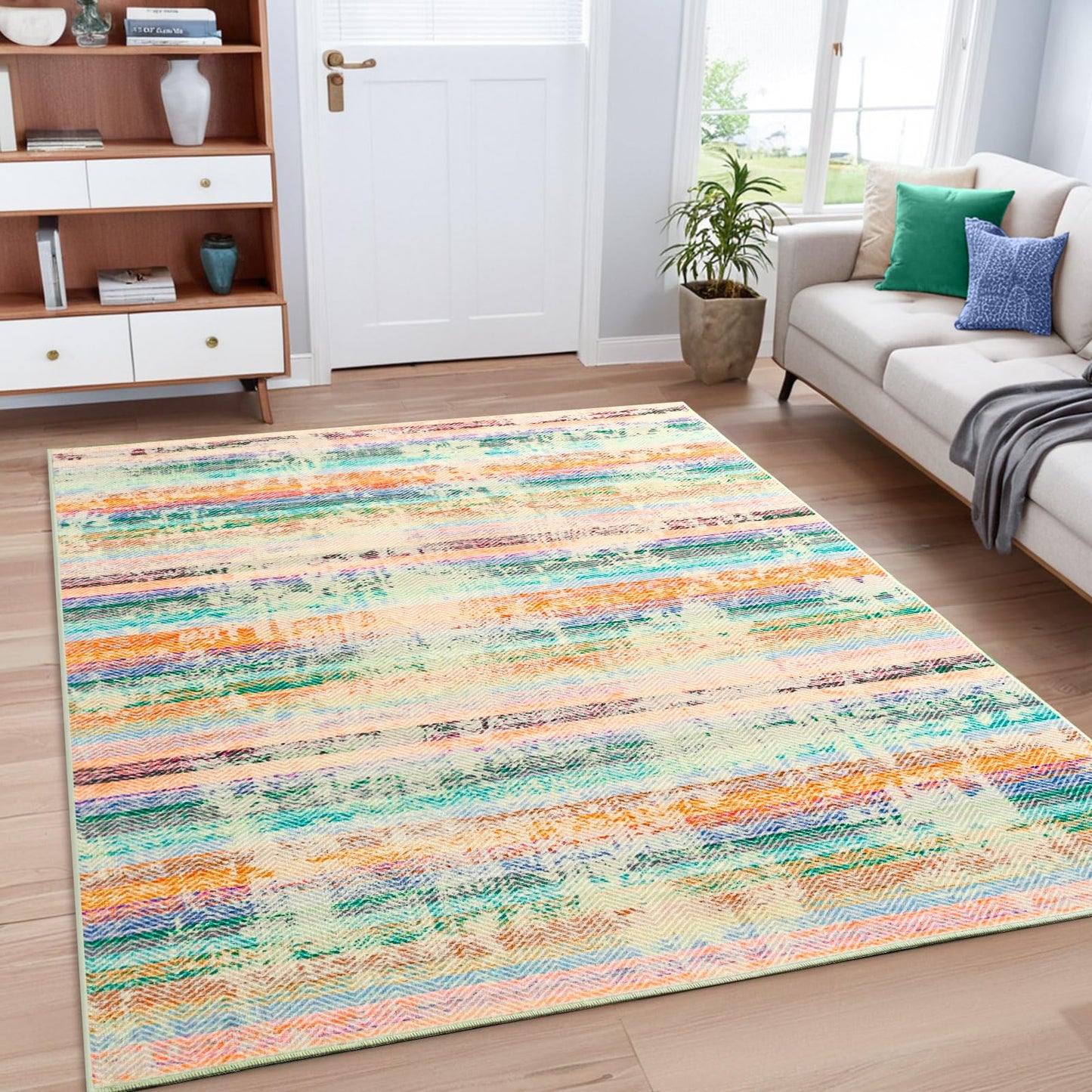 Comeet Modern Washable Rug, 5x8 feet Green Area Rug for Living Room, Indoor Non Slip Carpet for Bedroom Girls, Print Distressed Abstract Rugs for Dining Room Home Office Nursery Dorm Kids Room Decor