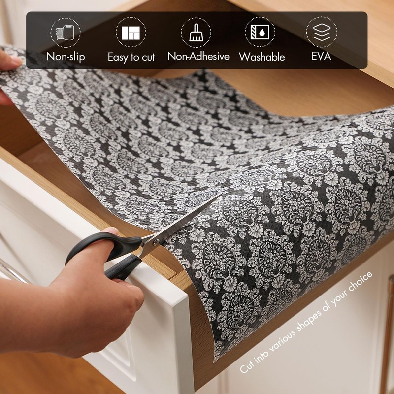 Cooyes Shelf and Drawer Liners for Kitchen Cabinets, Non-Adhesive Cabinet Liners, EVA Waterproof Durable Shelf Paper for Refrigerator, Shelves, Cupboard with European Pattern, Easy to Cut