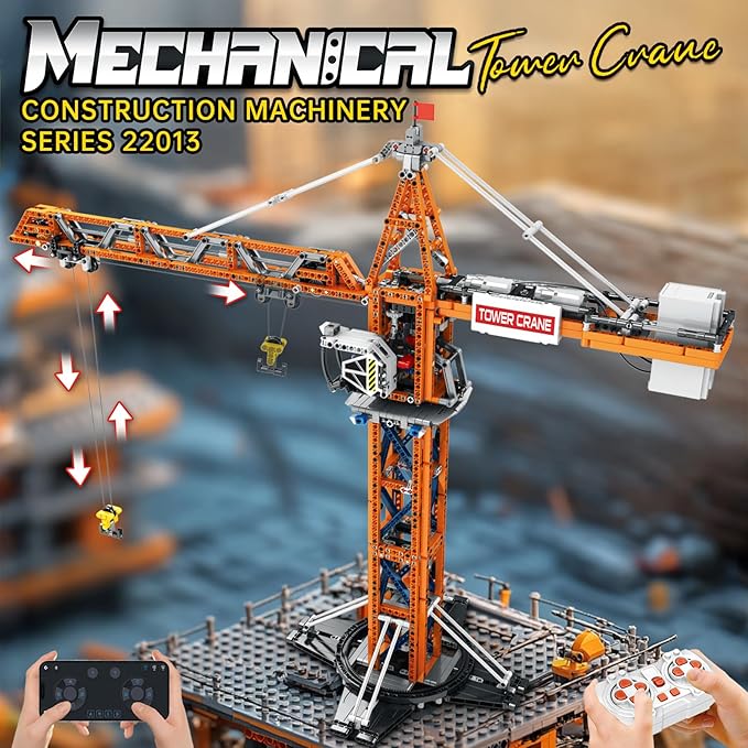 Reobrix Crane Building Blocks Set RC Tower Crane Construction Vehicle Model Kits with Dual Motors 1176 PCS City Crane Toy for Adults Gift for Men and Construction Machinery Lovers 22013