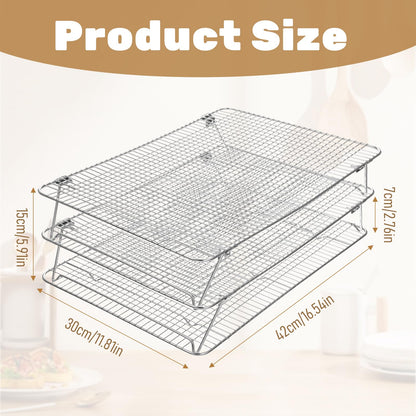 Stainless Steel Stackable Cooling Rack for Baking, 3-Tier Cooling Rack Set, Stackable Heavy Duty Stainless Steel Wire Racks, for Baking Cooking Grilling, Oven & Dishwasher Safe, 12”x 16.5”, Silver