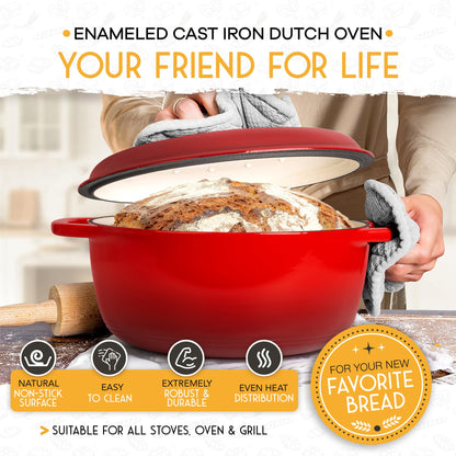 Crovora 6 QT Enameled Cast Iron Dutch Oven for Bread Baking with Lid - Incl. Sourdough Bread Baking Supplies like Banneton Bread Proofing Basket, Cast Iron Bread Oven, Bread Pan, bread making tools