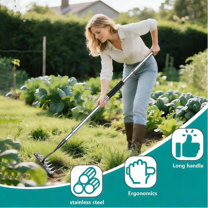 Upgraded Iron Weeding Tool with Adjustable Length Long Handle (28"-60") 3.0,Garden Weed Puller Tool ,8 Tines Manual Weeder Rake,Heavy Duty Weed Puller for Removing Weeds,Lawn, Flower Beds and Aeration