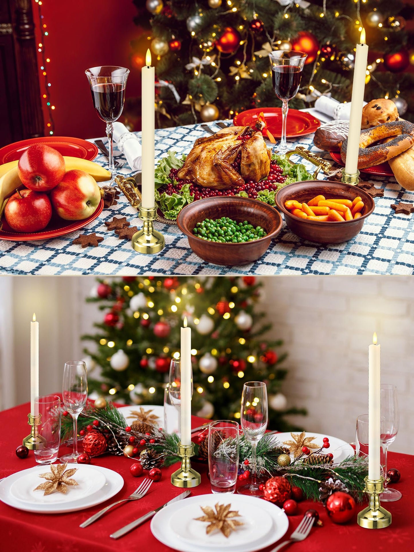 VIHOSE 24 Pcs Flameless Taper Candles with Holders Remote Timer Battery Operated Candles Bulk LED Candlesticks Flickering for Valentines Wedding Home Window Carnival Party Decor(Gold,Elegant Style)