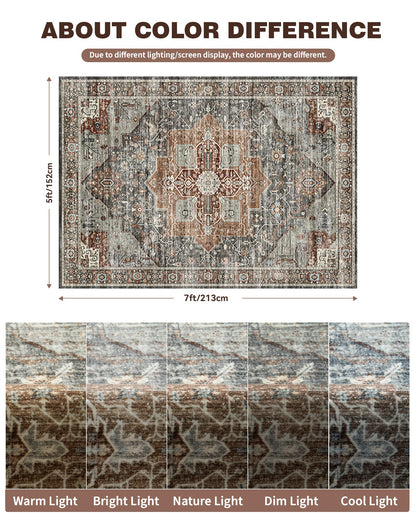 Roxstand 5x7 Area Rugs, Stain Resistant Machine Washable Area Rugs with Non-Slip Backing, Vintage Rugs for Bedroom, Living Room, Large Soft Low Pile Area Rug (Grey/Brown/Tan, 5'x7')