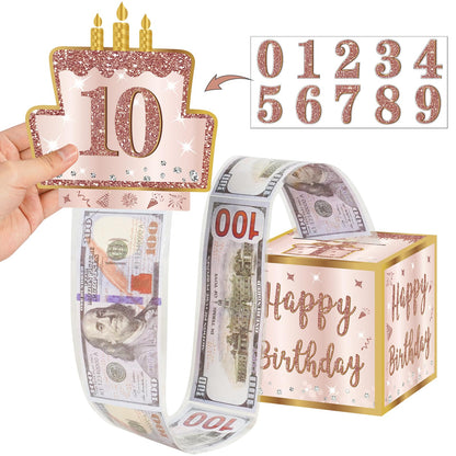 Turypaty Happy Birthday Money Gift Box with DIY Stickers for Any Age - Pink Rose Gold Surprise Birthday Party Cash Gift Box with Pull Out Card for Women Girls - A Fun Way to Present Cash as Gifts