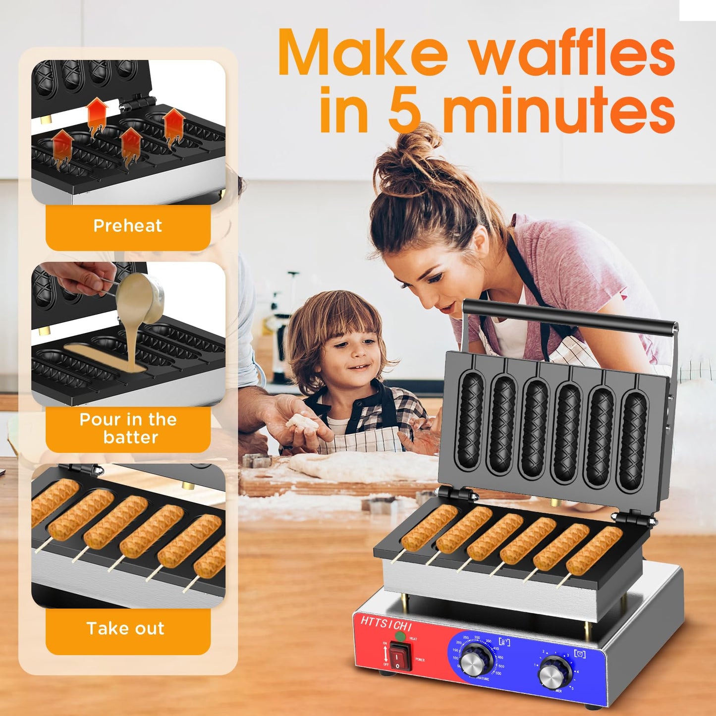 HTTSICHI Waffle Stick Maker -Commercial Corn Dog Maker w/Non-stick Baking Pans, 550 ℉ Temperature and Timer, 1550W Corndog Maker Machine for Double Baking, 110V Waffle Stick Maker Machine for Hotel