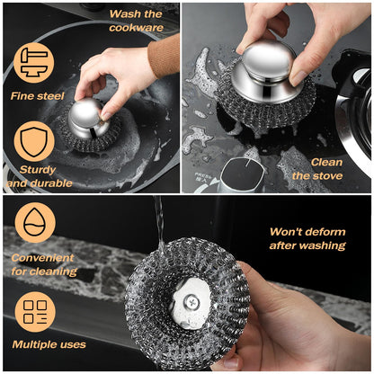 Heavy Duty Stainless Steel Scrubber Set - Long & Short Handle with 5 Steel Wool Pads, Cast Iron & Pot Scrubber for Dishes, Pans, Grills, Stoves