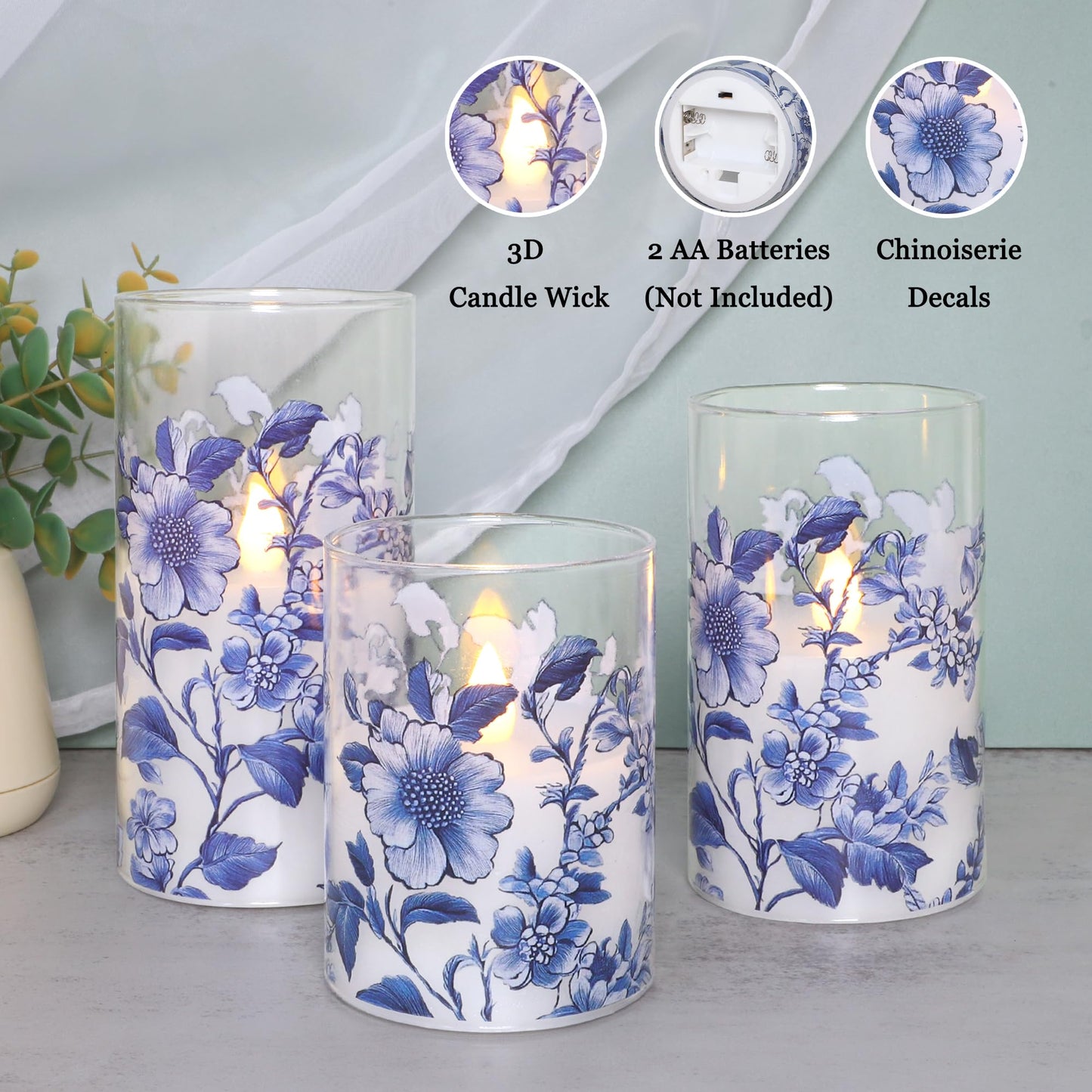 Impress Life Chinoiserie Decor Flameless Candles Blue and White Battery Operated with Remote & Timer Blue White Floral Printed Glass Flickering LED Pillar Candle for Wedding Party Home Table Decor