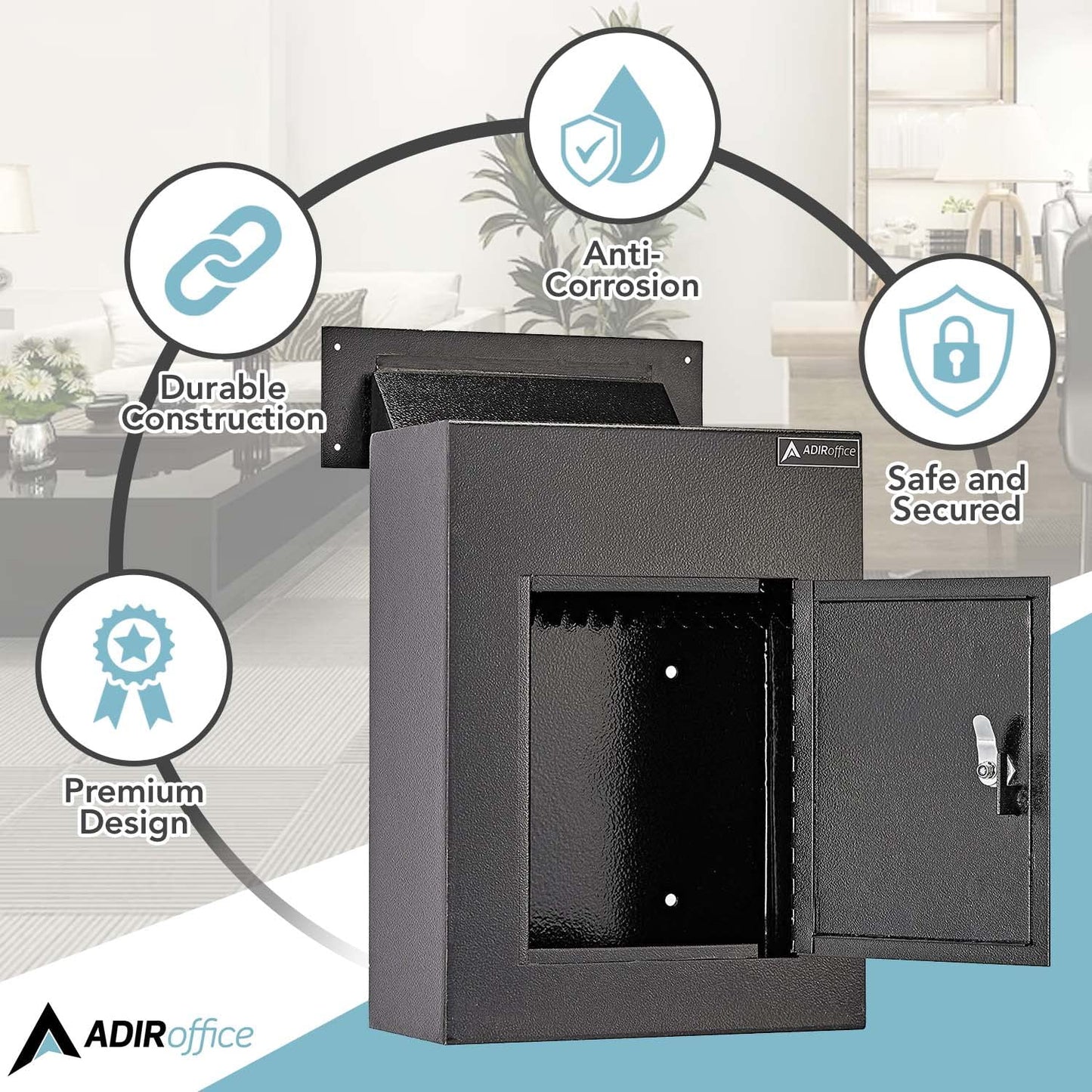 AdirOffice Through The Wall Drop Box Safe - Durable Thick Steel w/Adjustable Chute - Mail Vault for Home Office Hotel Apartment