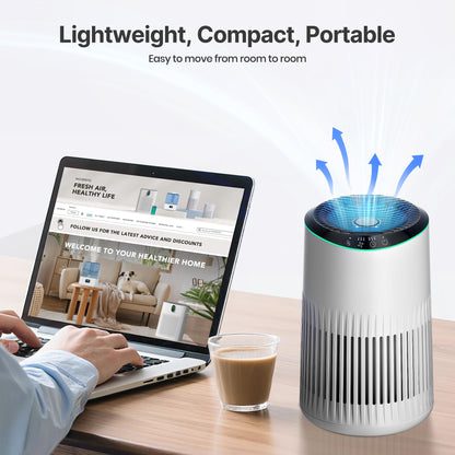 Air Purifiers for Bedroom Home, Air Purifier for Smoke Odors with Fragrance Sponge, Small Air Purifier with Sleep Mode for Bedroom Office, Blue Night Light, White, 1 Pack+3 Modes