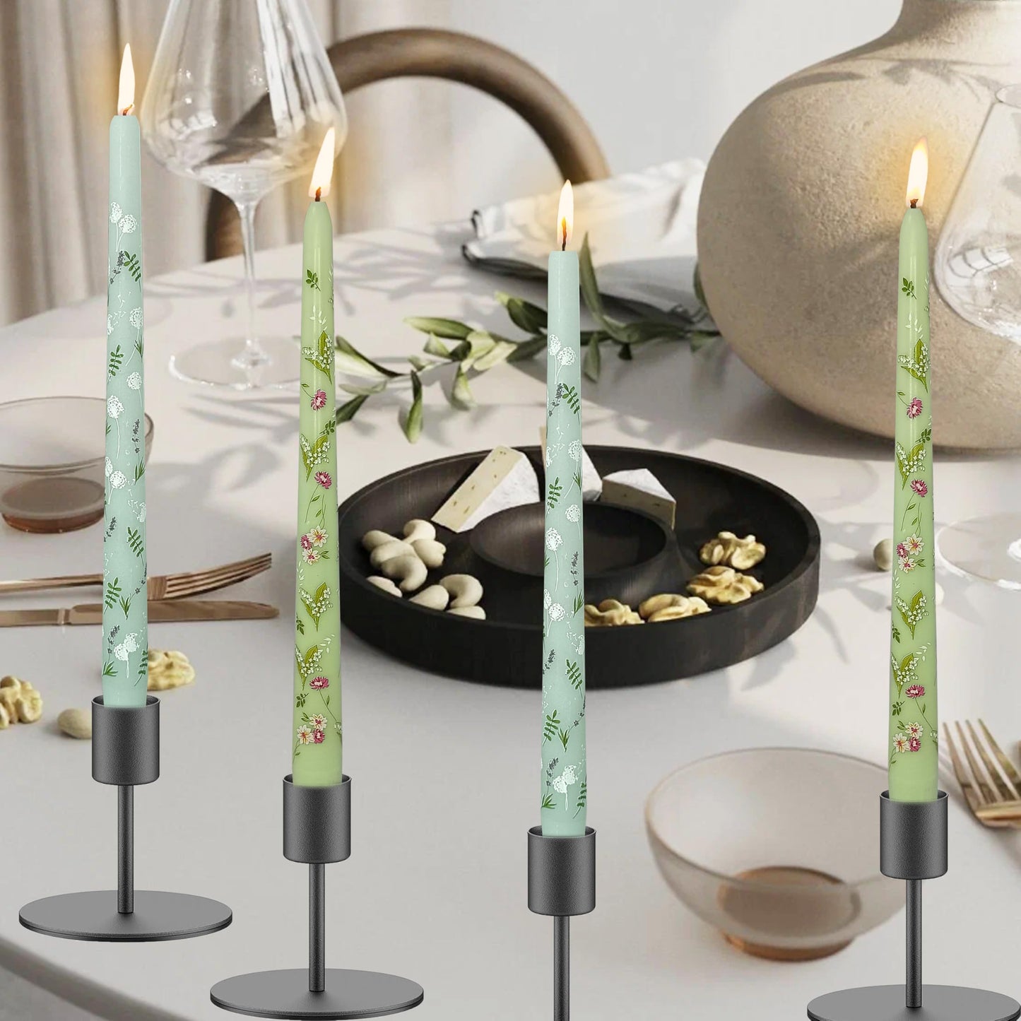 Printed Taper Candle Dripless Candles Sticks - 4 pcs Handmade Green Taper Candle 10 inches Long Tapered Candles for Home Party Wedding Restaurant Holiday Decor