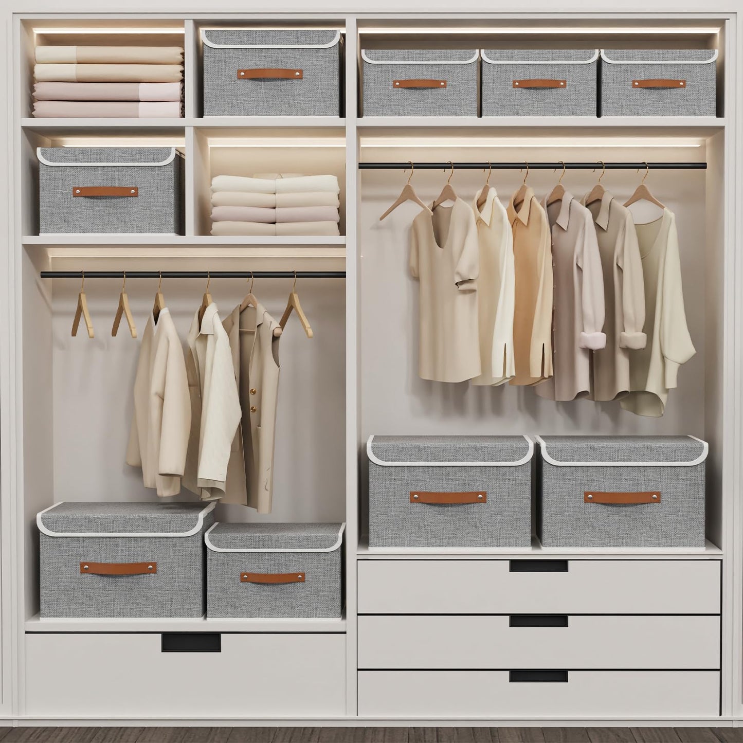 Yawinhe Collapsible Storage Bin, Cube Organizer Basket, Fabric Box with Lids, Washable and Leather Handle, for Home, Closet, Grey, 15.0''Lx9.8''Wx9.8''H, 5-Pack, USNK024GL-5