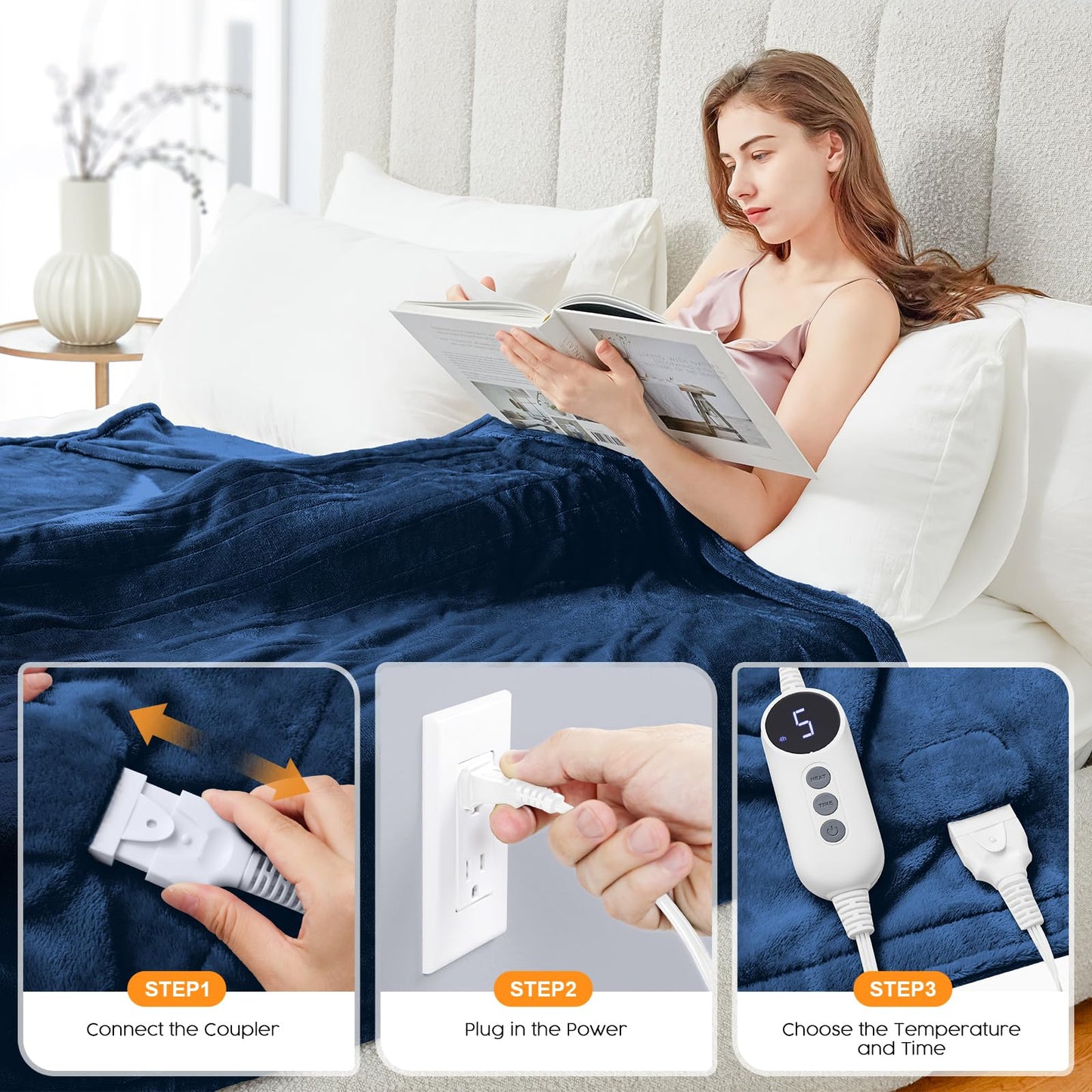 HYLEORY Heated Electric Blanket Throw, 2-Layer Cozy Warm Flannel 50" x 60", Heating Blanket with 9 Heating Levels, 2/4/6/10 Hours Auto Off, Fast Heating Winter Blanket, Dark Grey