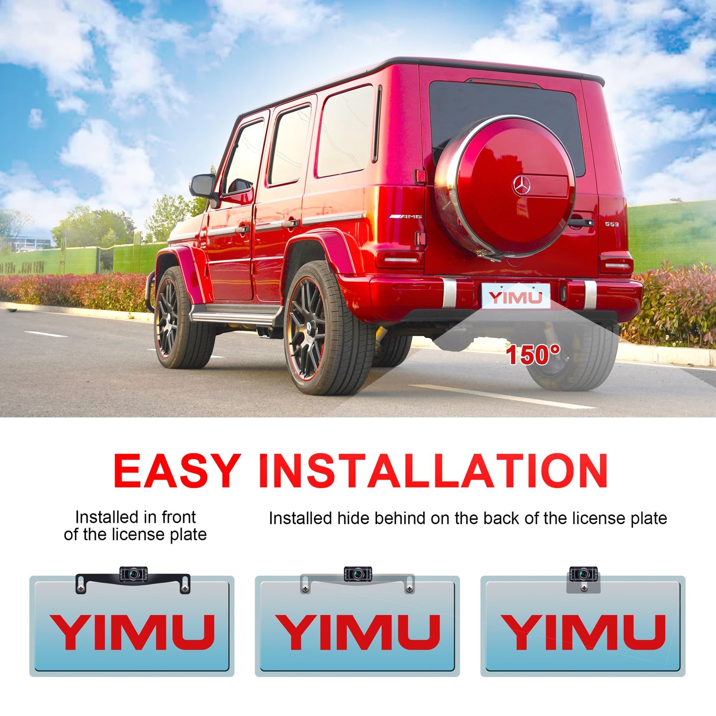 YIMU Backup Camera System with License Plate Backup Reverse Camera, Easy Installation, Plug & Play, DIY Guide Lines, 150° Wide Angle, Night Vision, IP69K Waterproof, Optional Dual Bracket K4302