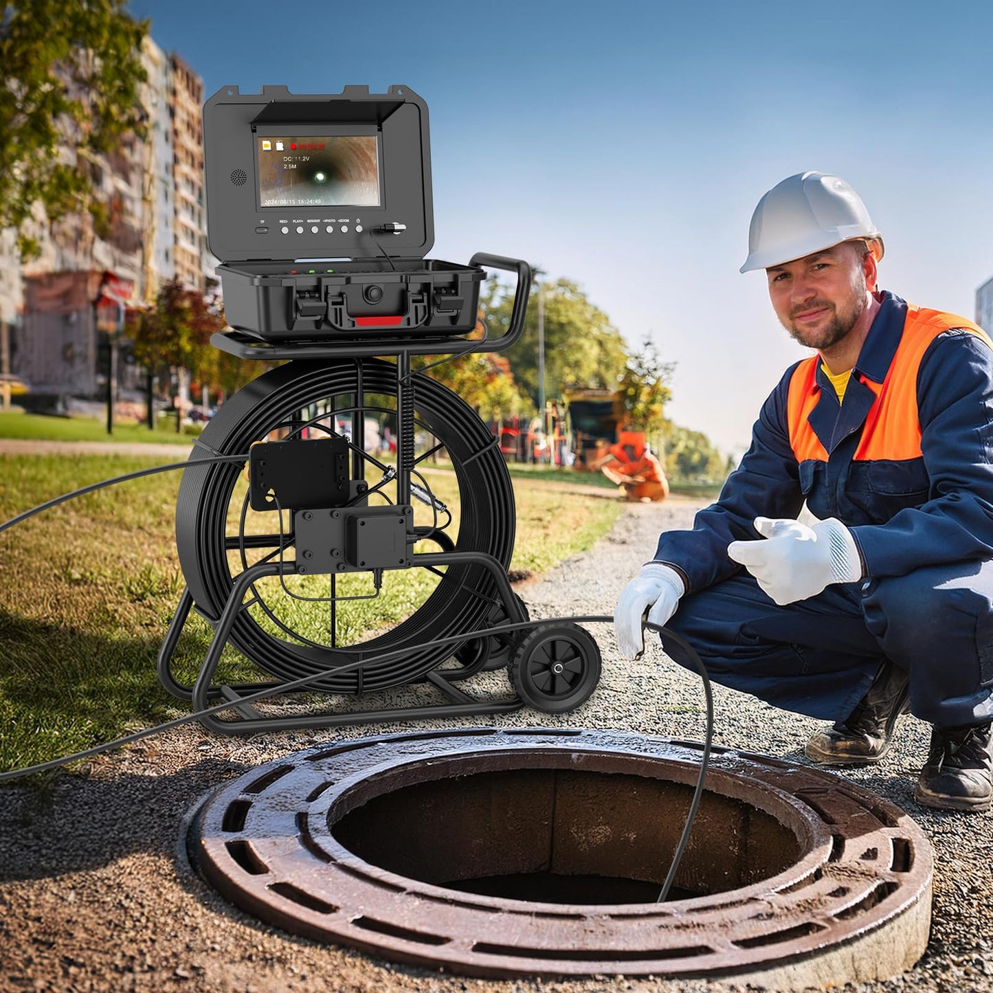 Sanyipace Sewer Camera 328FT/100M with 512Hz Transmitter, Self-Leveling, Drain Plumbing Pipe Inspection Camera with Mic Speaker, DVR Recorder, 16GB TF Card, 9mm Rigid Cable, Pipe Pulley Guide Wheel