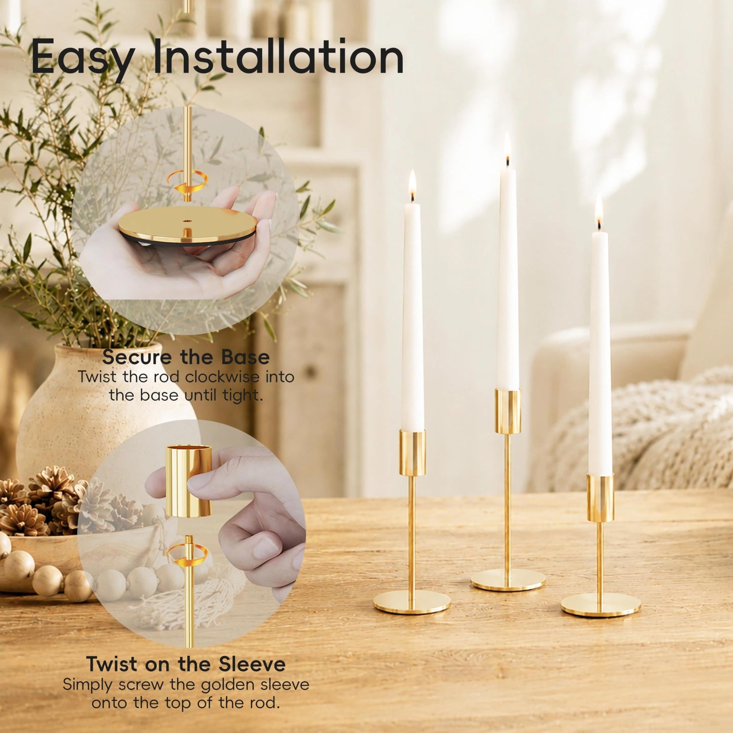 zeochyni French Gold Candlestick Holders Set of 6, Metal Taper Candle Holders in 3 Heights with Weighted Base for Dining Table Centerpiece, Wedding, Mantel Decor and Housewarming Gift