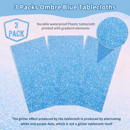 Kesfey 3 Packs Ombre Blue Plastic Tablecloth 54 x 108 Inch Gradient Pastel Blue Table Cloths Rectangle Disposable Royal Blue Sprinkle Glitter Table Covers for Birthday Baby Shower Party Decorations