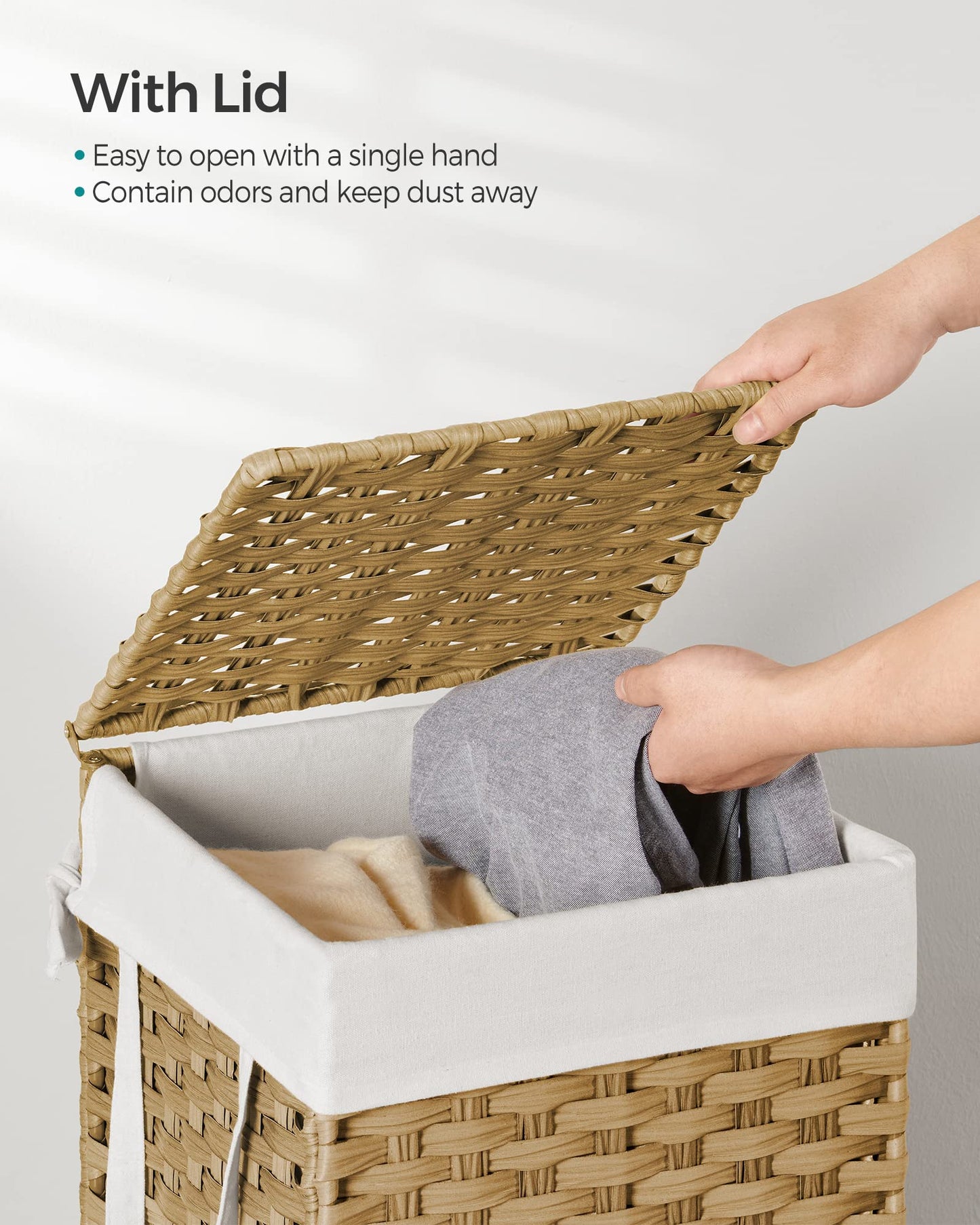 SONGMICS Laundry Hamper with Lid, 17.2 Gallon (65 L) Synthetic Rattan Clothes Laundry Basket with Lid and Handles, Foldable, Removable Liner, Goose Yellow ULCB165N01