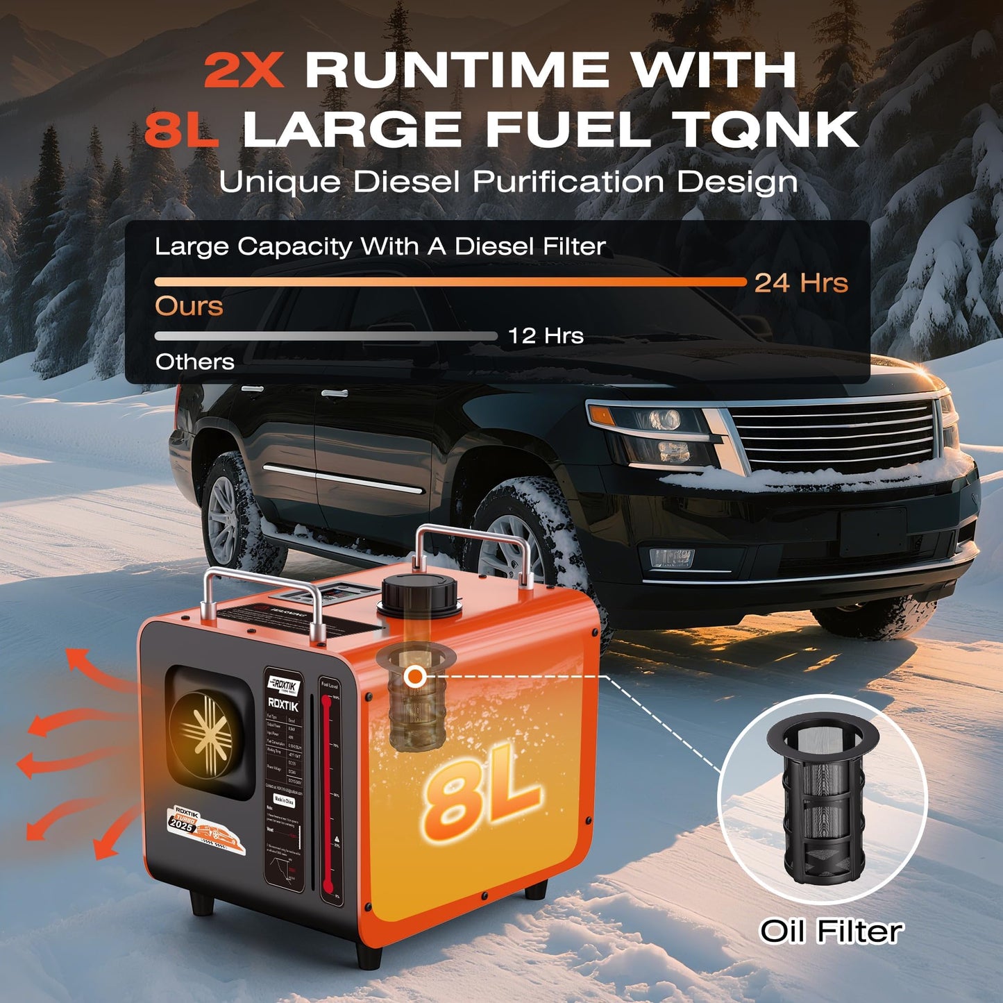 RDXTIK 8L Diesel Heater, 8KW 12V/24V/110V/240V All in One Diesel Heater with LCD Switch, Remote Control, Muffler for Truck, RV, Home, Car, Campers, Boat, Orange