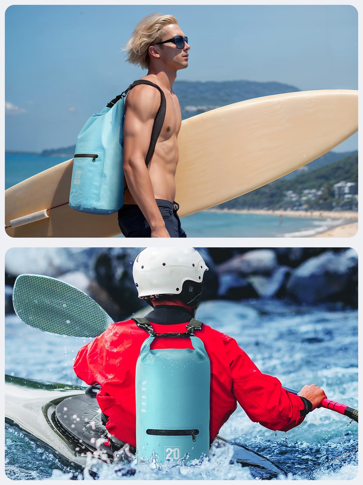 HEETA Waterproof Dry Bag with Front Zippered Pocket for Women Men, 5L/10L/20L/30L/40L Roll Top Lightweight Dry Storage Bag Backpack for Travel, Kayaking, Boating, Rafting, Camping, Beach (Blue, 5L)