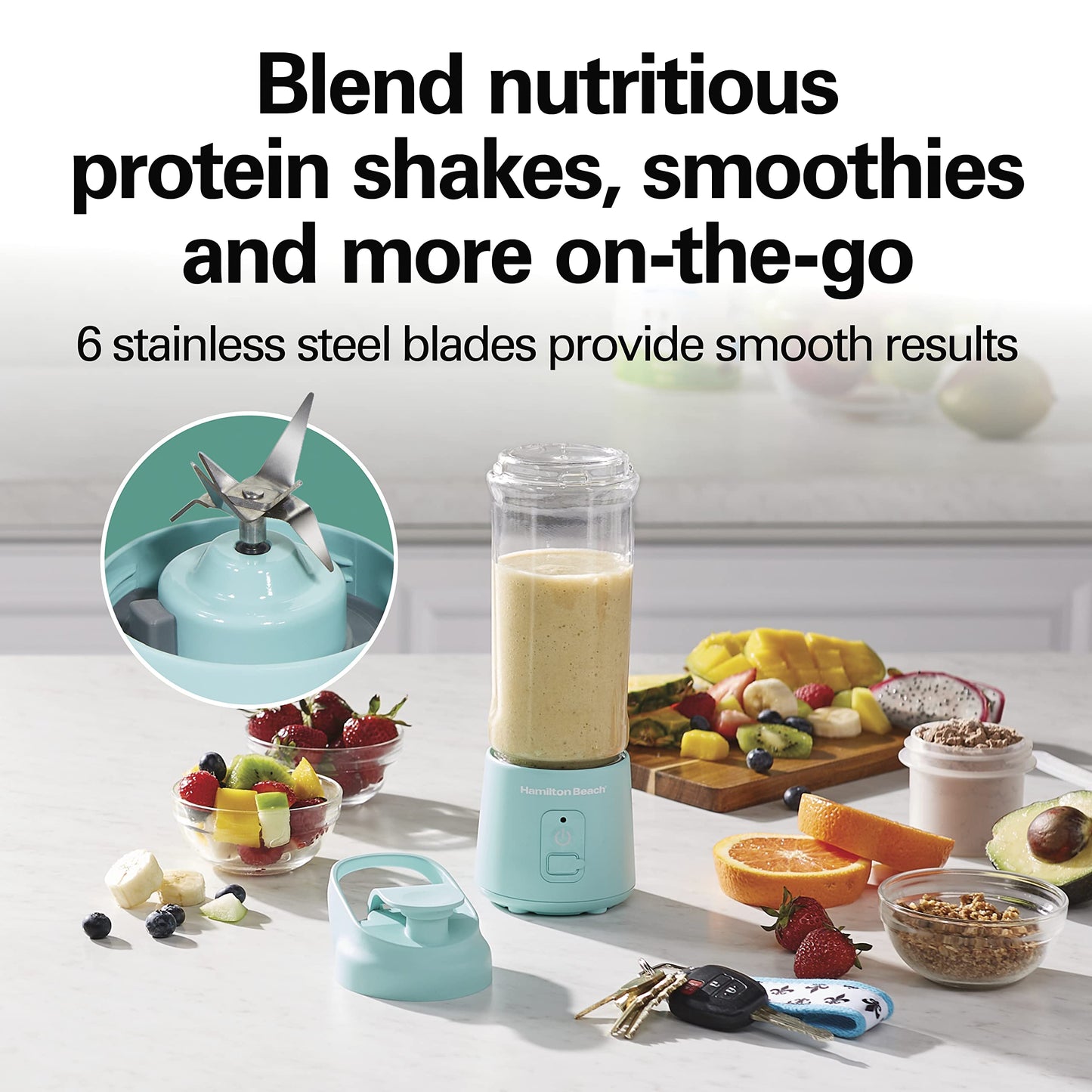 Hamilton Beach Mini Cordless Portable Personal Blender for Shakes and Smoothies, USB Rechargeable, 16 oz. Jar with Leakproof Travel Lid, 6 Stainless Steel Blades, Pink (51181)