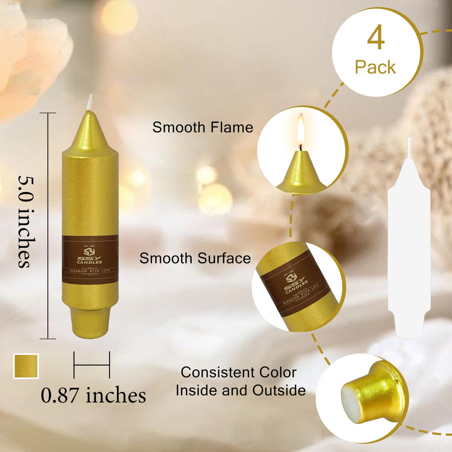 Christmas Metallic Gold Candle 5 Inch Short Smokeless Taper Candles 4 Pack Unscented Dinner Candle for Christmas Dinner