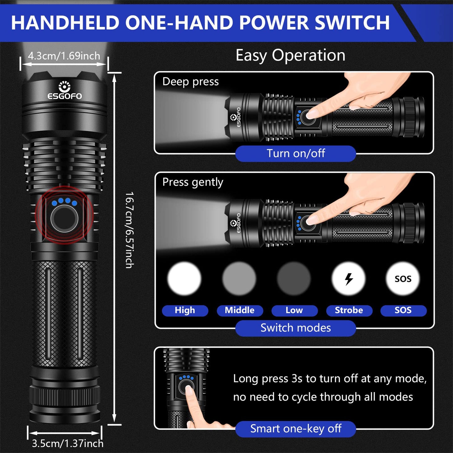 Esgofo Flashlights High Lumens Rechargeable, 2000 Lumens Super Bright Handheld LED Flash Light, Powerful Emergency Linternas, Waterproof, Long Lasting, for Hiking Camping Gift