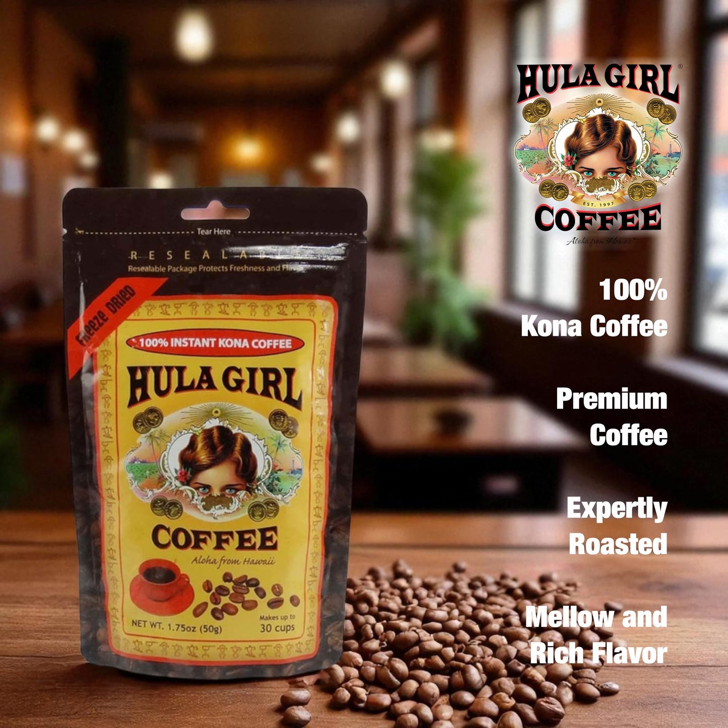 KONA COFFEE 100% - Premium Freeze Dried Instant - Low Acid - Medium Roast Arabica, 1.5oz (1 Pack | 25 Servings) KONA COFFEE 100% - Low Acid Coffee - Servings) Hula Girl the Store