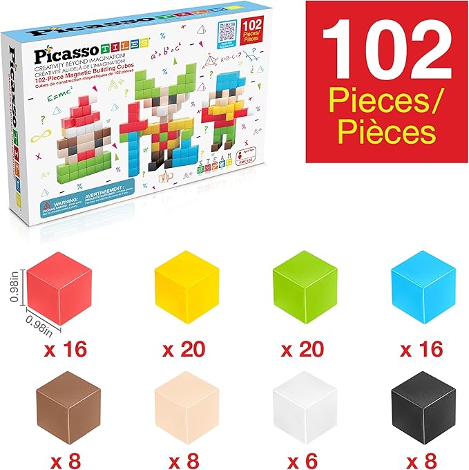 PicassoTiles 102pcs Pixel Magnetic Puzzle Cube 1” Pixel Mix &amp Match Toys with Ideabook STEM Education Learning Building Block Magnets Construction ToySet Stacking Creative Kit for Kids Age 3+ PMC1