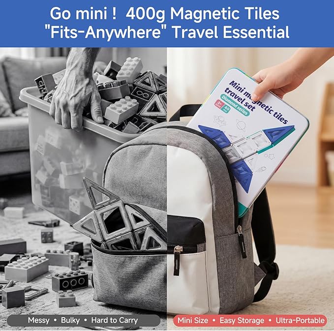 Magnetic Tiles Travel Set 40 PCS Morandi Building Block with Tin Box- 90Mins Quiet Play 45s Cleanup - Airplane Car Trip Activity Toy for Boys Age 3 4 5 6