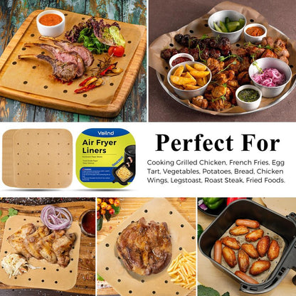 Vailnd Air Fryer Liners Disposable, 100pcs 8.5In Square Parchment Paper Sheets Unbleached, Perforated Food Steamer Liner for 5-8 Qt Air Fryers Baking Cooking Oven
