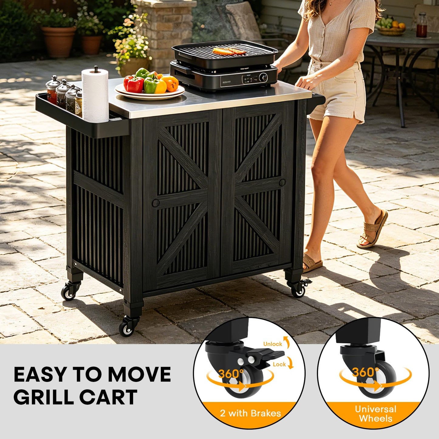 evixor Outdoor Grill Cart with Stainless Steel Tabletop, Outdoor Kitchen Island with Storage Cabinet, Grill Cart with Folding Trash Can, 4 Wheels (2 Lockable) for Patio, Backyard, Garden and Poolside