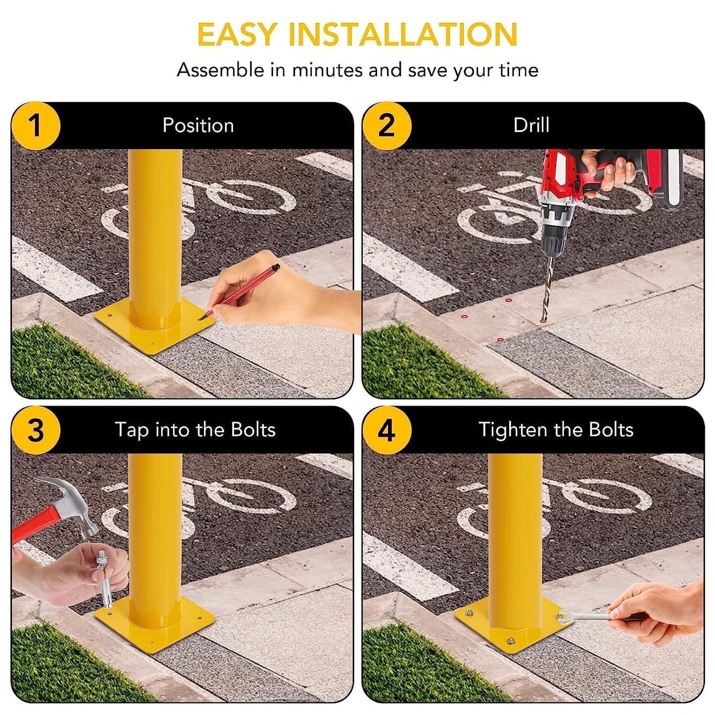 Safety Bollard 4 Packs,48 Inch Height Bollard Post, 4.5 Inch Diameter, Yellow Safety Steel Bollard Post with 16 Anchor Bolts, for Traffic Control, Driveway Barrier, Parking Pole