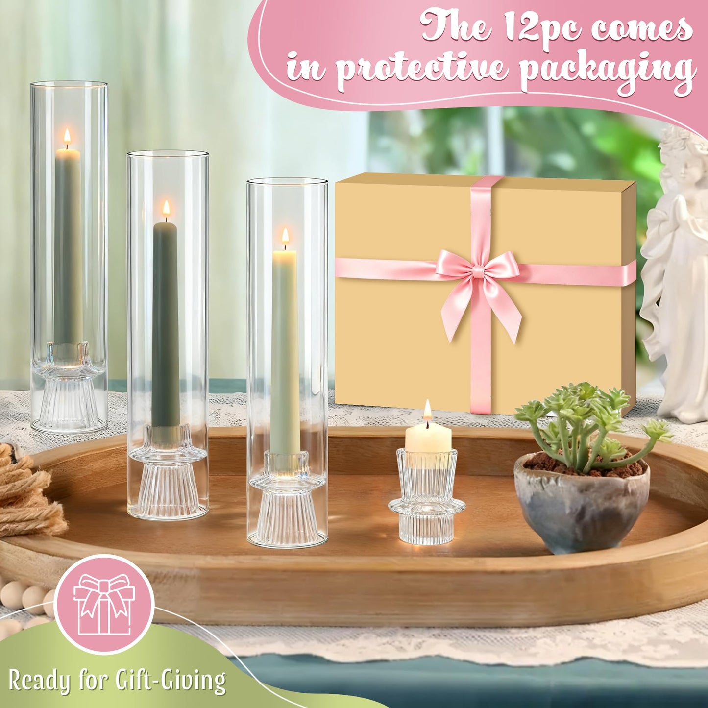 12 Set Glass Hurricane Candle Holders - 12" Tall Clear Glass Candlestick Holders for Taper Candles with Cylinder Chimney for Wedding, Party, and Home Table Centerpiece Decoration