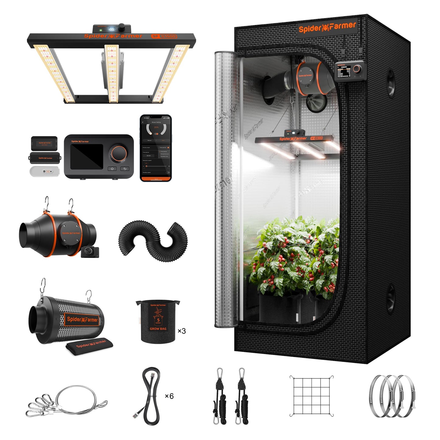 Spider Farmer Grow Tent Kit 2.3X2.3ft Complete System, G1500 150W Full Spectrum Bar Style LED Grow Light 28"X28"X63" Indoor 1680D Mylar Tent with 4" Ventilation System with GGS Controller