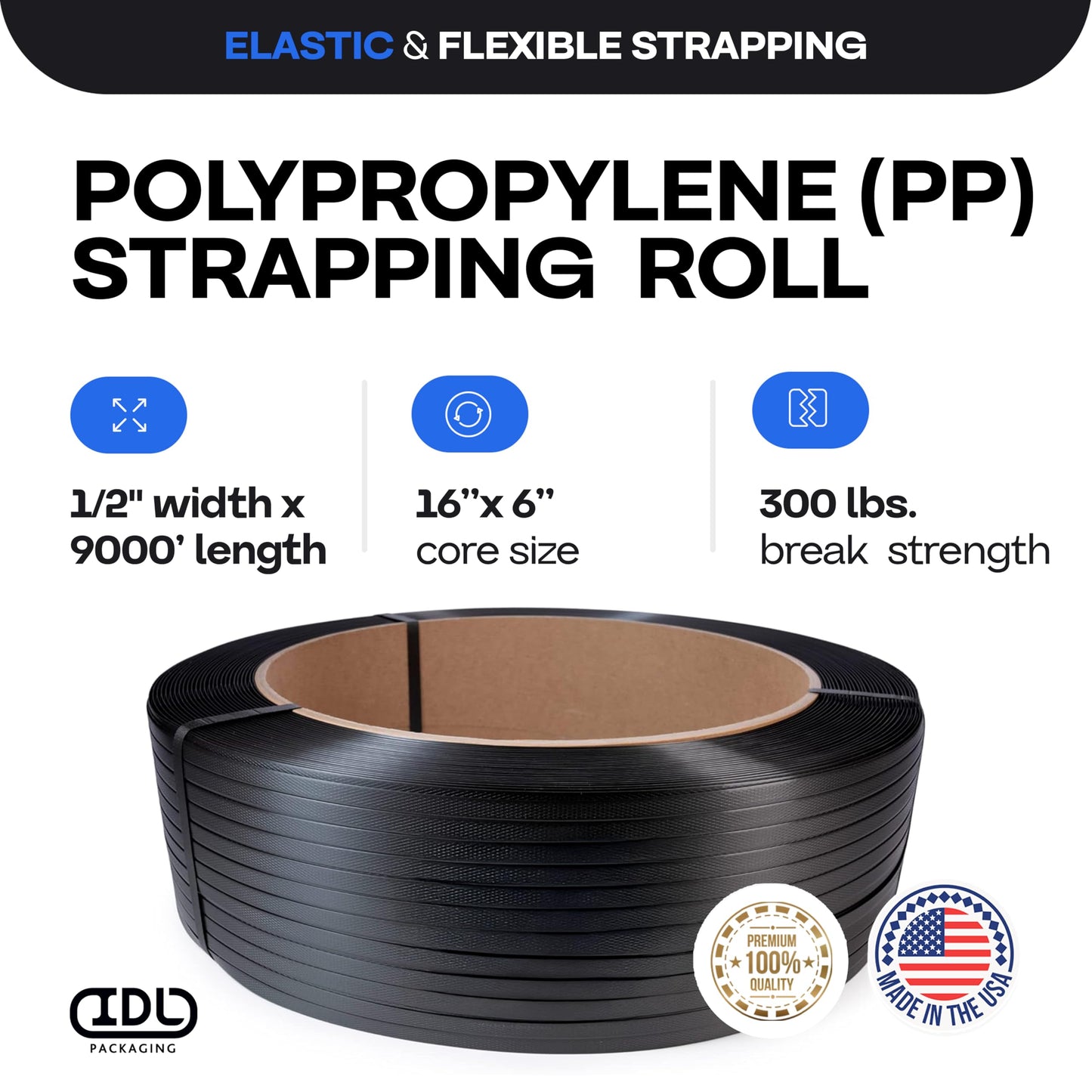 IDL Packaging 1/2" x 9000' Hand Grade Polypropylene (PP) Strapping Roll of 16" x 6" Core Size, 300 lbs Break Strength - Lightweight and Affordable Poly Banding - Elastic and Flexible Packing Straps