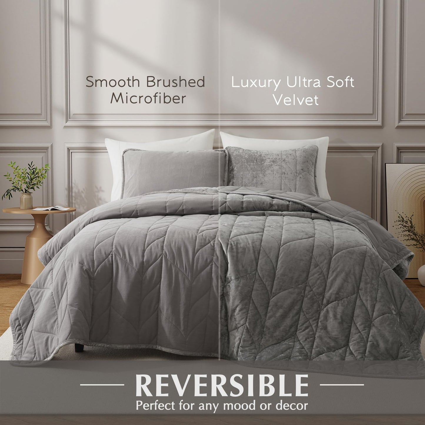 Oli Anderson Velvet Quilt Set Queen Size - Lightweight Bedspread Coverlet - Soft Velvet Comforter Set - Reversible Quilted Bedding Set for All Seasons - Ash Blue - 3 PCS (1 Quilt, 2 Pillow Shams)