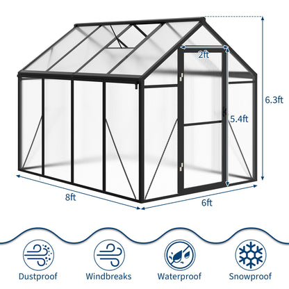 Garvee 6 x 8 FT Greenhouse, Greenhouses for Outside, Polycarbonate Greenhouse with Aluminum Frame, Lockable Door and Ajustable Roof Vent for Backyard, Green Houses for Outside Garden Backyard, Patio